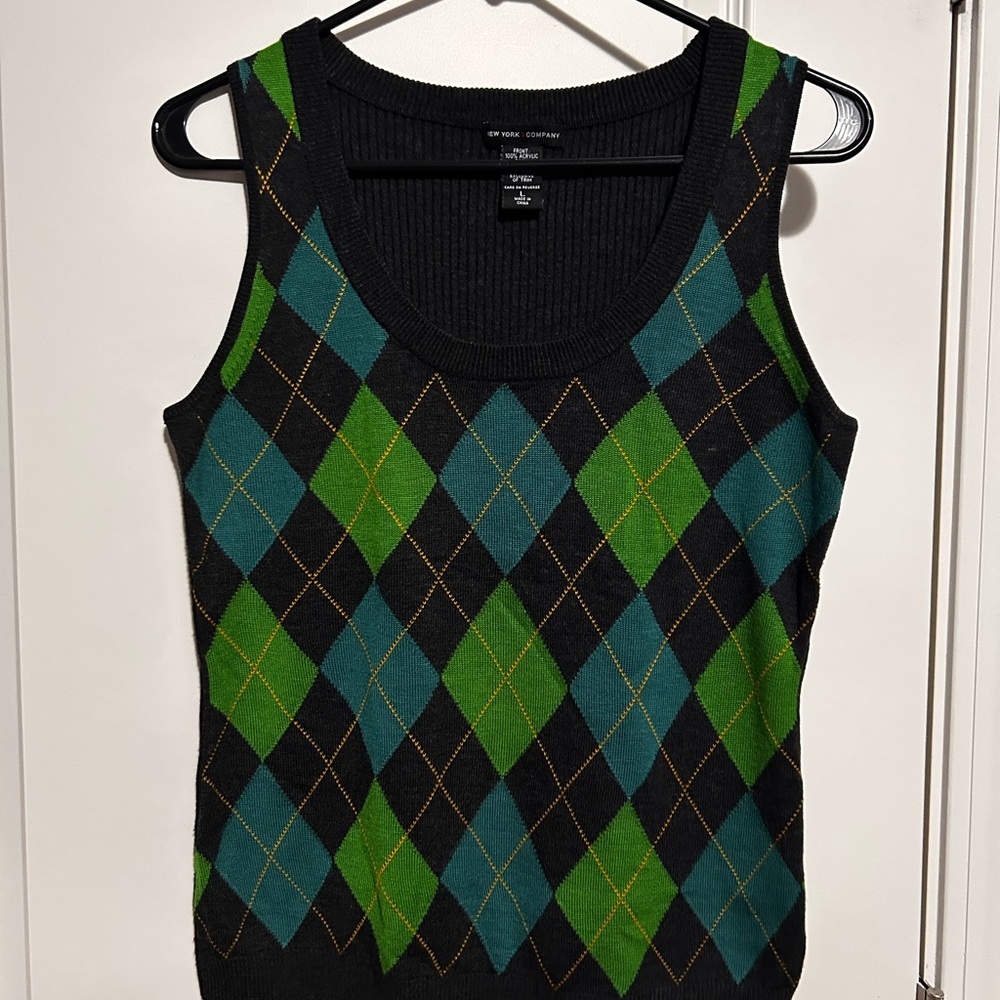 New York & Company Women's Argyle Sweater Vest - Black, Green, and Blue